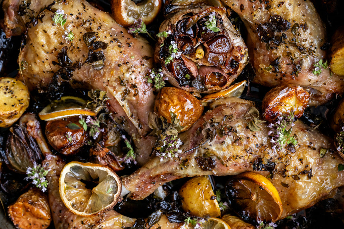 Chicken Legs with Lemon, Potatoes, Thyme & Oregano