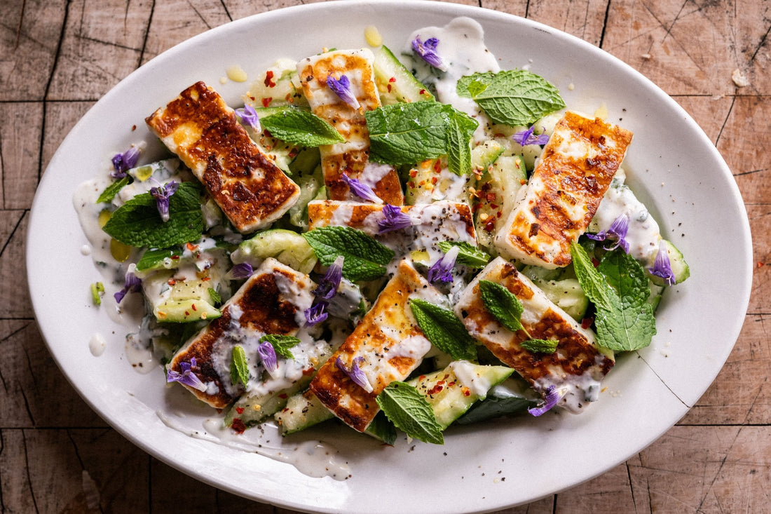 Smashed Cucumber with Halloumi & Tahini Dressing