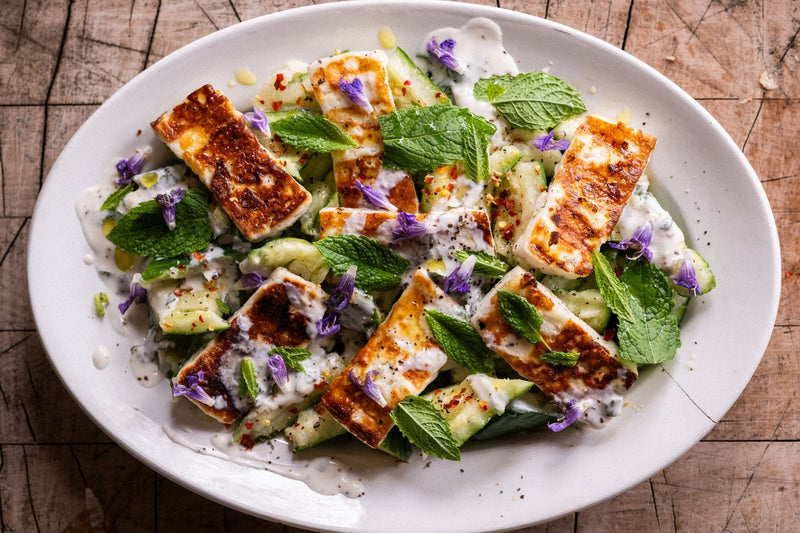 Smashed Cucumber with Halloumi & Tahini Dressing