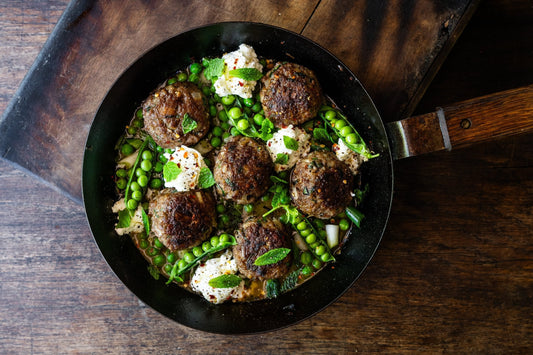 Minted Hogget Meatballs with Peas & Goat's Curd