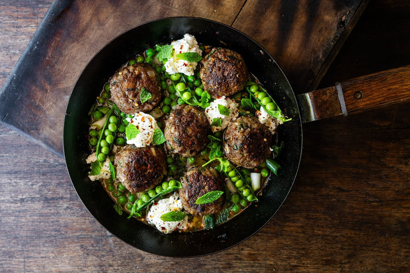 Minted Hogget Meatballs with Peas & Goat's Curd