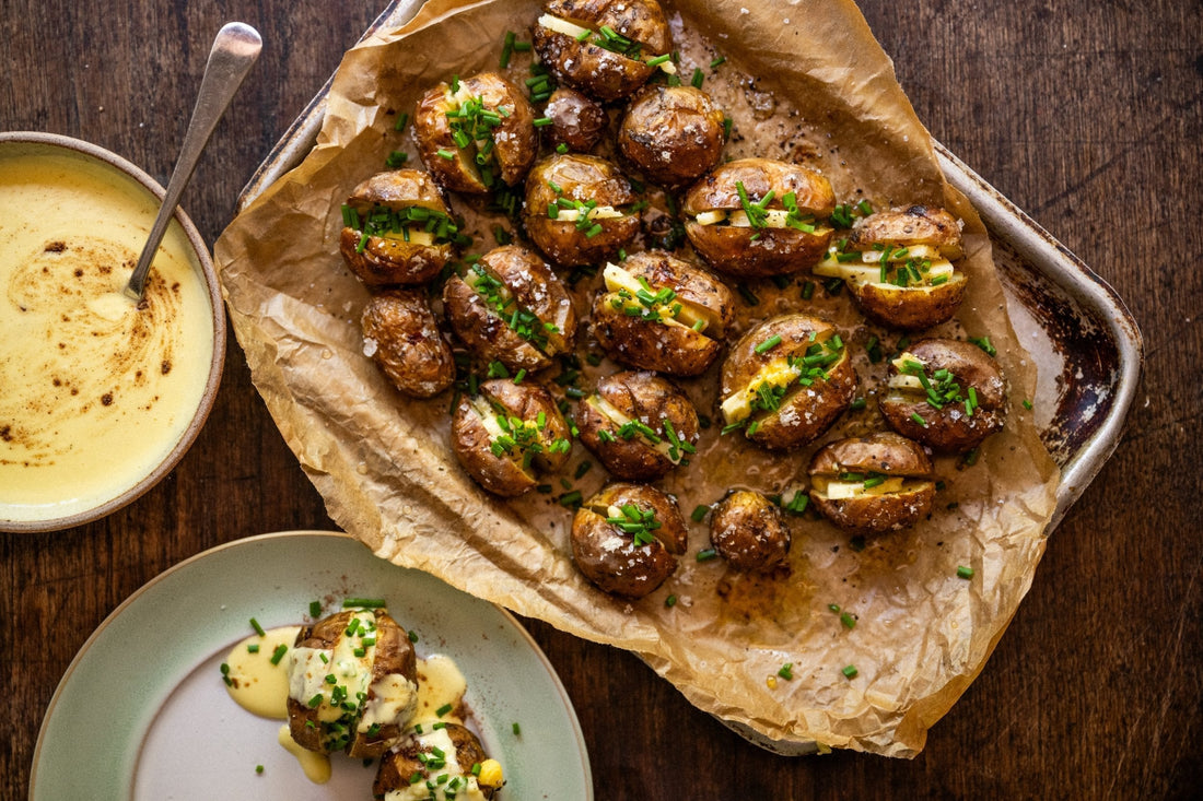 Baked New Potatoes with Chives, Cornish Yarg & Hot Cheese Sauce