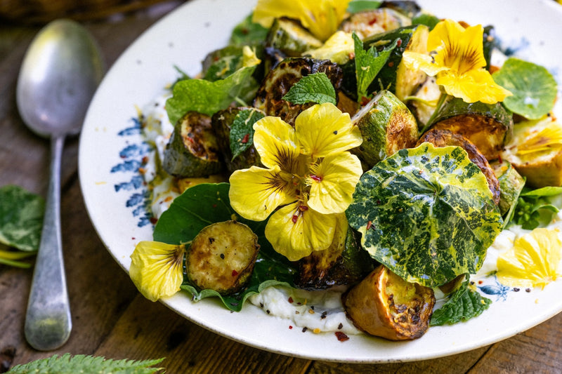 Charred Courgettes with Mint, Whipped Ricotta & Nasturtiums