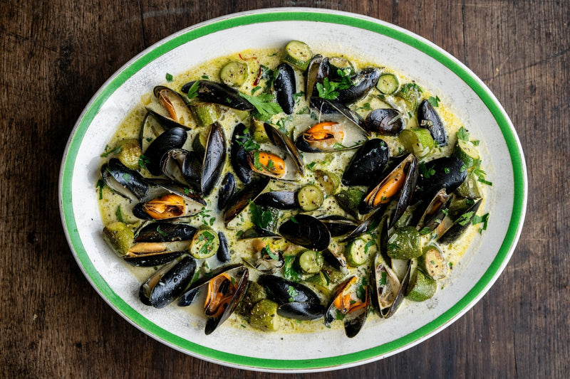 Mussels with Saffron, Cream & Courgettes
