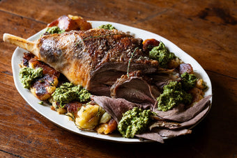 Roast Mutton Leg with Walnut & Mint Pesto