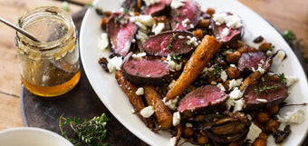 Venison Steaks with Honeyed Carrots & Spiced Chickpeas